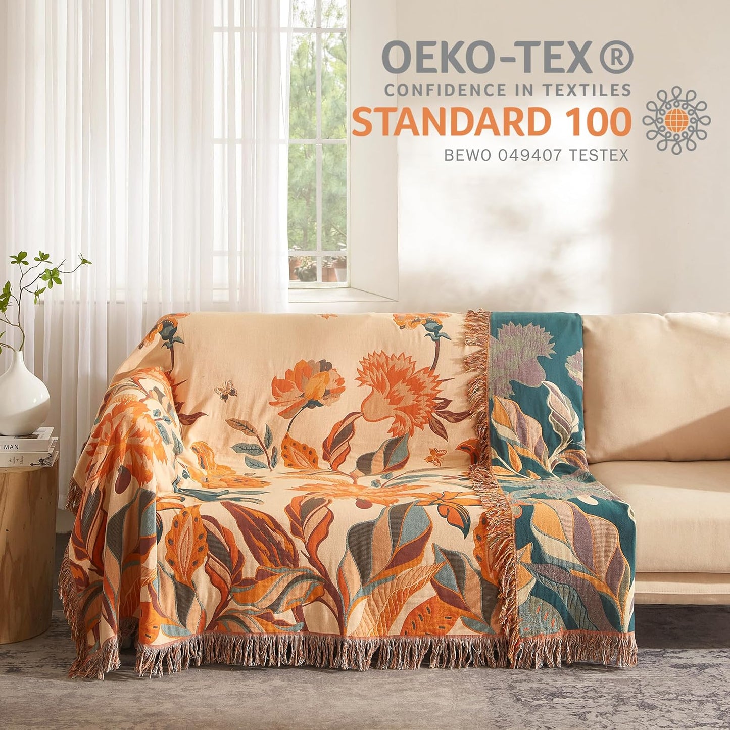 Boho Throw Blanket for Bed 60”x80”, 100% Cotton Woven Blanket for Couch Sofa, Ultra Soft 4-Layer