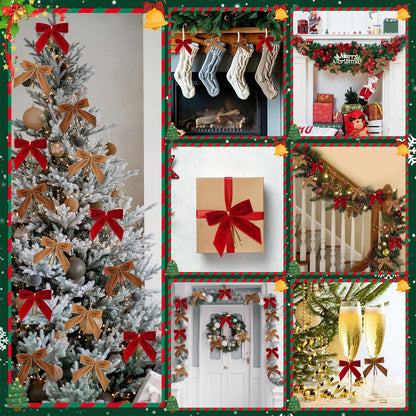 Camel Velvet Bows for Christmas Tree Decorations, 24 Pcs Premium Velvet Ribbon Bows, Christmas Tree