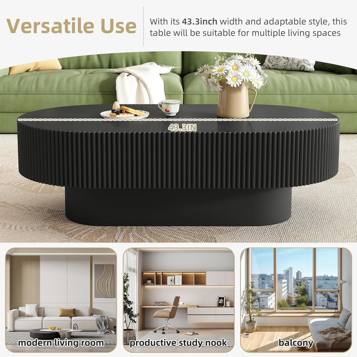 43.3" Oval Fluted Coffee Table Modern Elegant Drum End Table, Minimalist Center Table 7.8" Thick