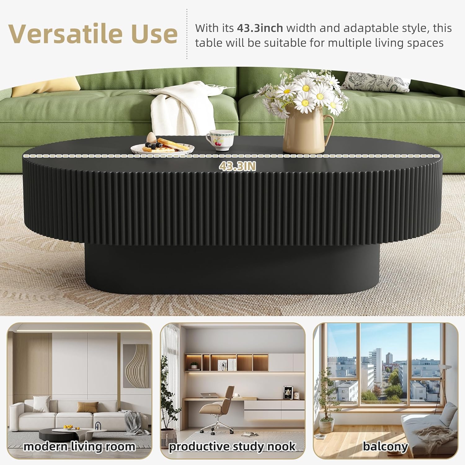 43.3" Oval Fluted Coffee Table Modern Elegant Drum End Table, Minimalist Center Table 7.8" Thick