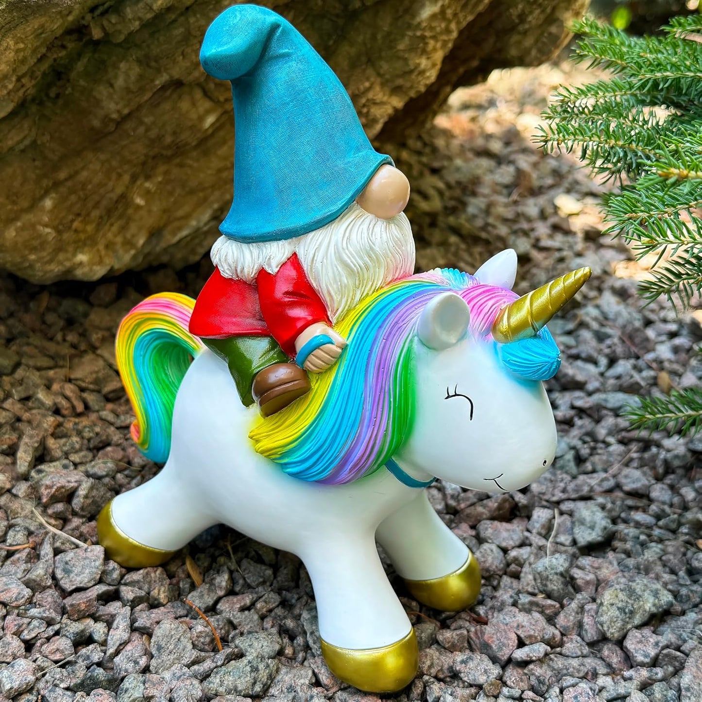 Mood Lab Garden Gnome Statue - Garden Gnome Riding Unicorn - 8.3 Inch Tall Lawn Figurine - for