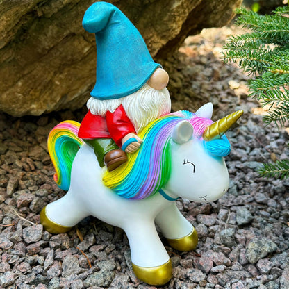 Mood Lab Garden Gnome Statue - Garden Gnome Riding Unicorn - 8.3 Inch Tall Lawn Figurine - for