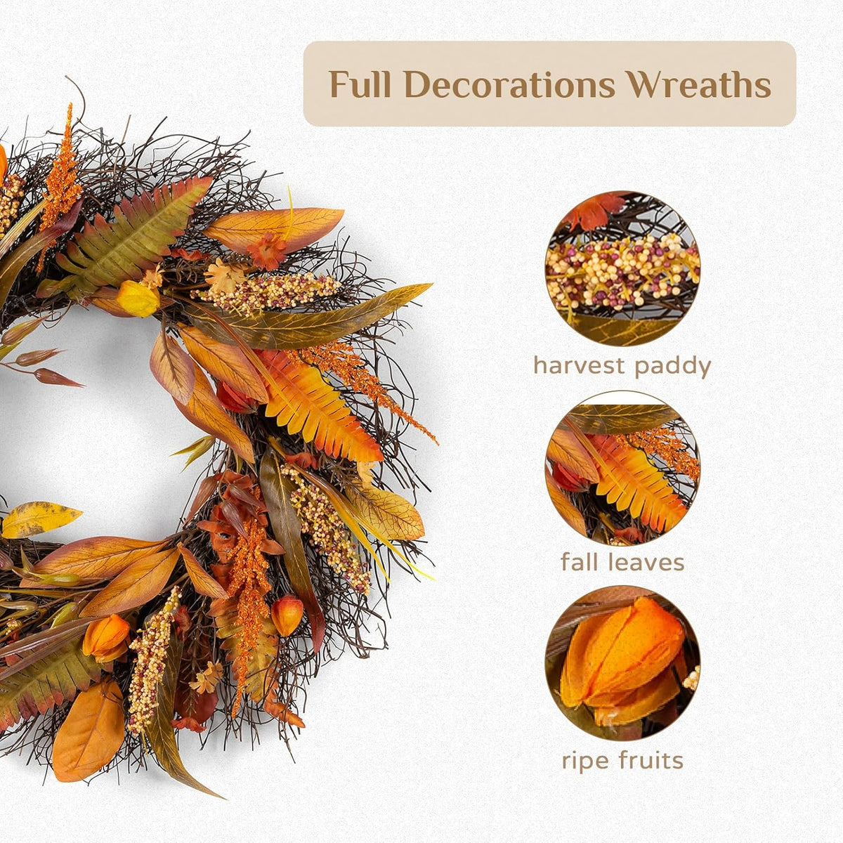 Fall Wreath for Thanksgiving Decorations 24inch - Walasis Large Wheat Wreaths for Front Door