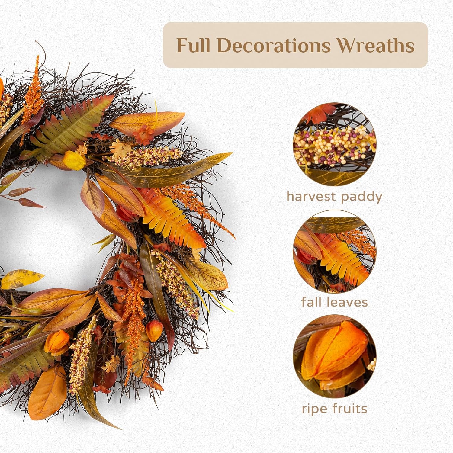 Fall Wreath for Thanksgiving Decorations 24inch - Walasis Large Wheat Wreaths for Front Door
