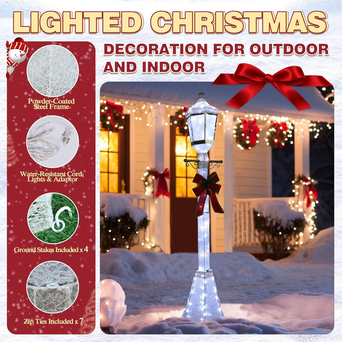 6FT Lighted Freestanding Lamp Post for Christmas Decoration, Pre-Lit Iridescent Post Lamp with 120