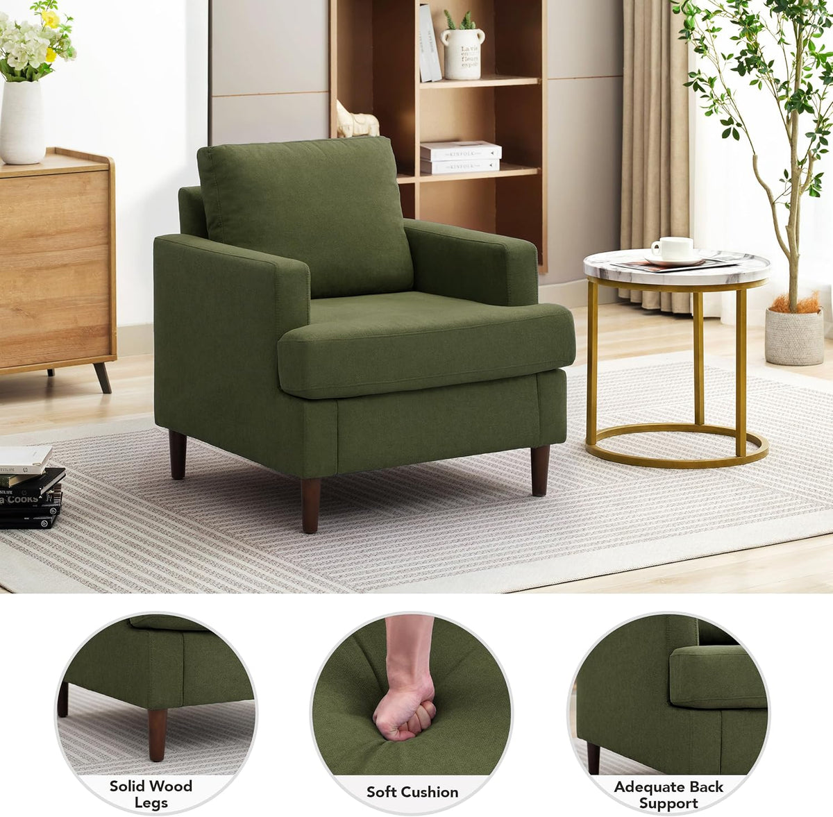 Mid-Century Accent Chair,Modern Linen Fabric Armchair for Living Room,Comfy Upholstered Reading