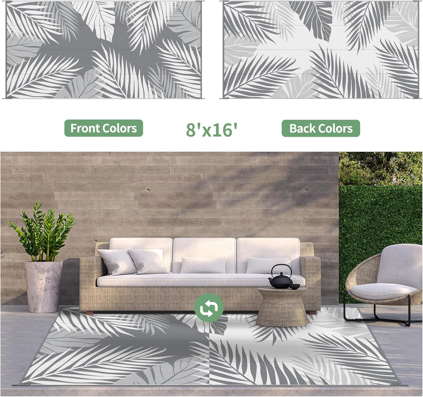 GENIMO Outdoor Rug 8' x 16' Waterproof for Patios Clearance, Reversible Outdoor Plastic Straw