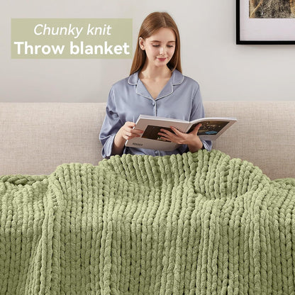 Chunky Knit Throw Blanket, 30''*40'' Knitted Throw Chenille Yarn for Bed Couch, Handmade Light