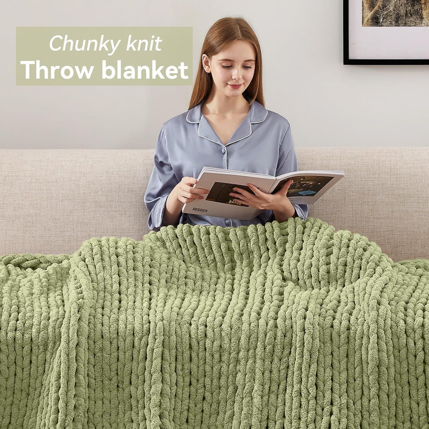Chunky Knit Throw Blanket, 60''*80'' Knitted Throw Chenille Yarn for Bed Couch, Handmade Light