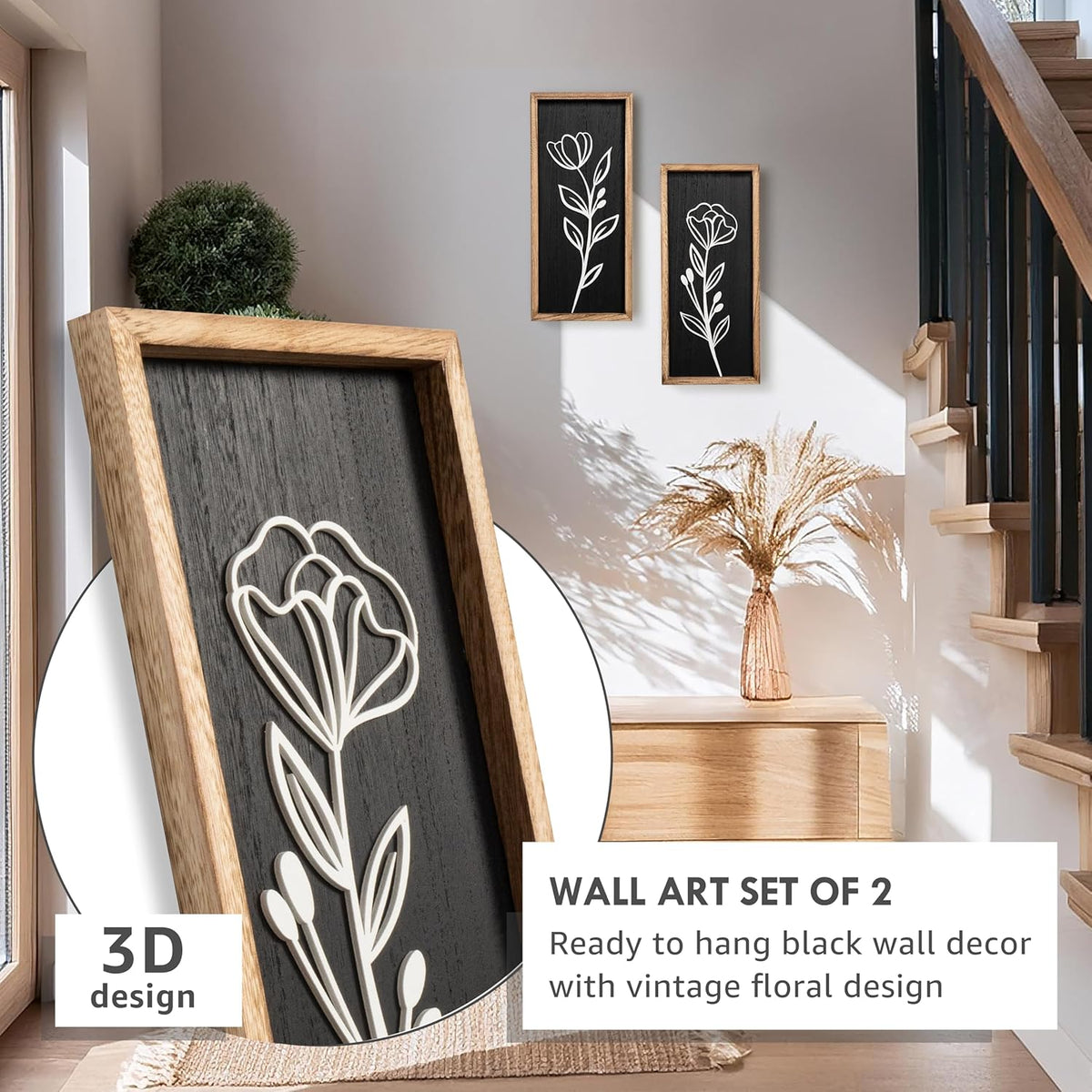 3D Vintage Black Living Room Decor (Set of 2) Lightweight, Wooden Ready-to-Hang Framed Moody Floral