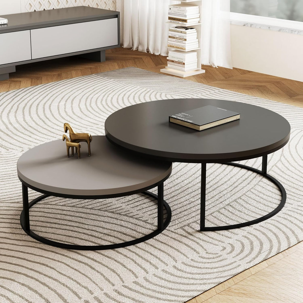 Modern Round Coffee Table Set, Nesting Cocktail Tables with Black Metal Legs, Dark Gray/Light Gray