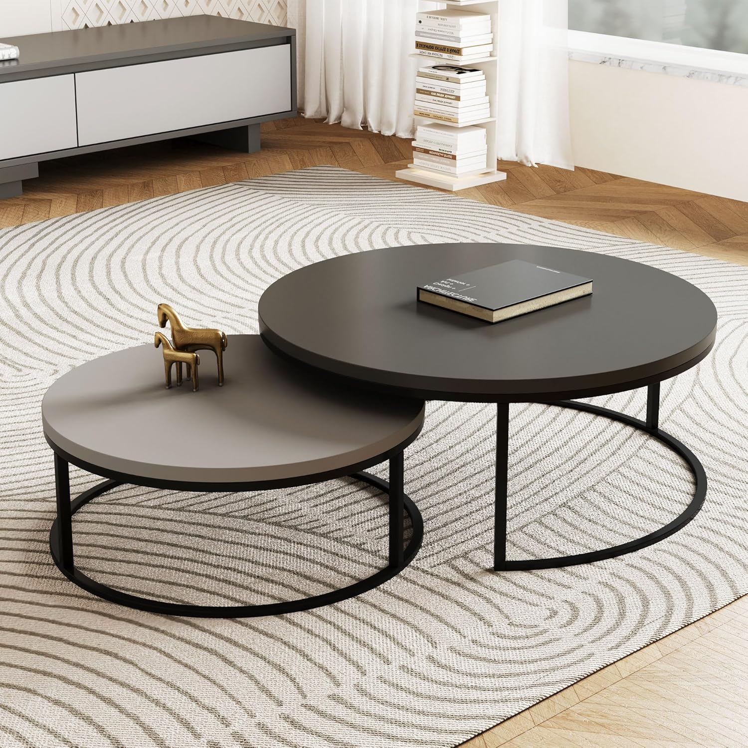 Modern Round Coffee Table Set, Nesting Cocktail Tables with Black Metal Legs, Dark Gray/Light Gray