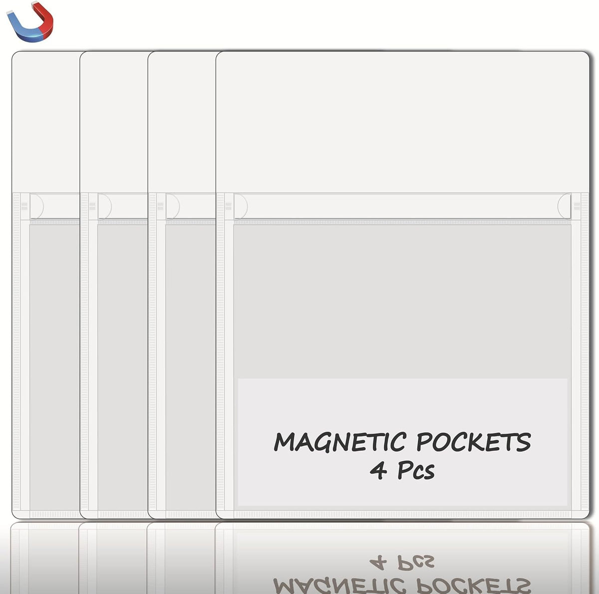 Magnetic Pocket 4 Pack – Self-Adhesive Magnetic Storage Pouch for Documents, Notes & Tools, Strong