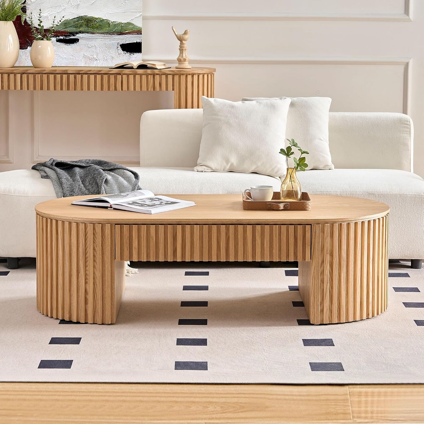 51.18'' Oval Coffee Table for Living Room Fluted Center Table with Drawer, Mid Century Modern