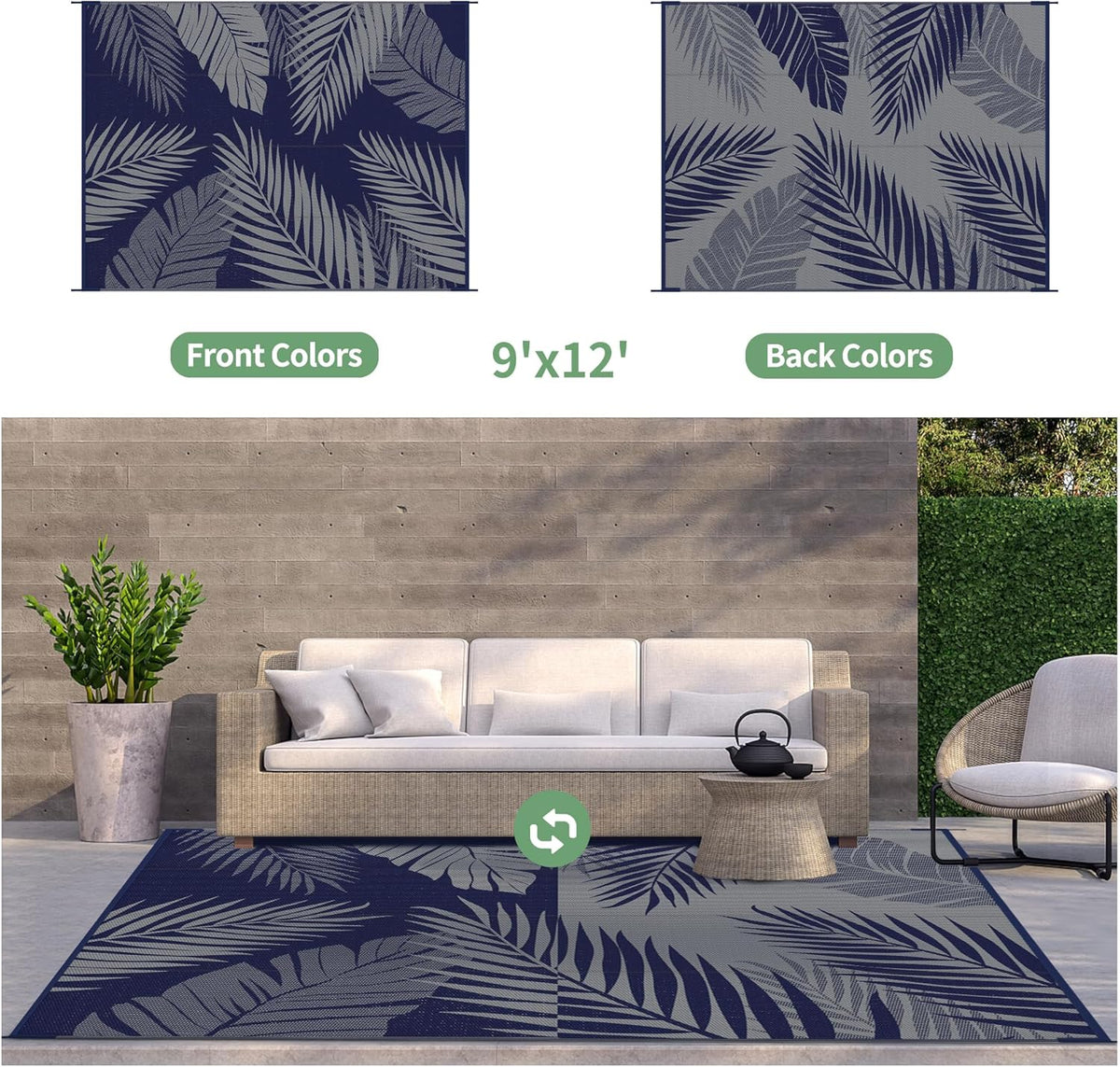 GENIMO Outdoor Rug 9' x 12' Waterproof for Patios Clearance, Reversible Outdoor Plastic Straw