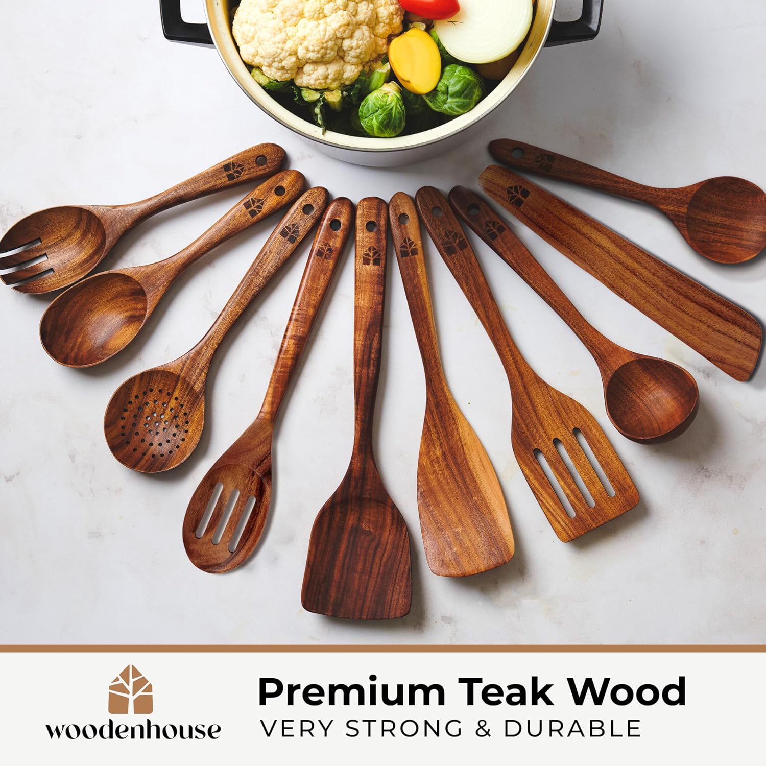 Wooden Spoons for Cooking – Wooden Cooking Utensils Set with Holder, Spoon Rest & Hooks, Teak Wood