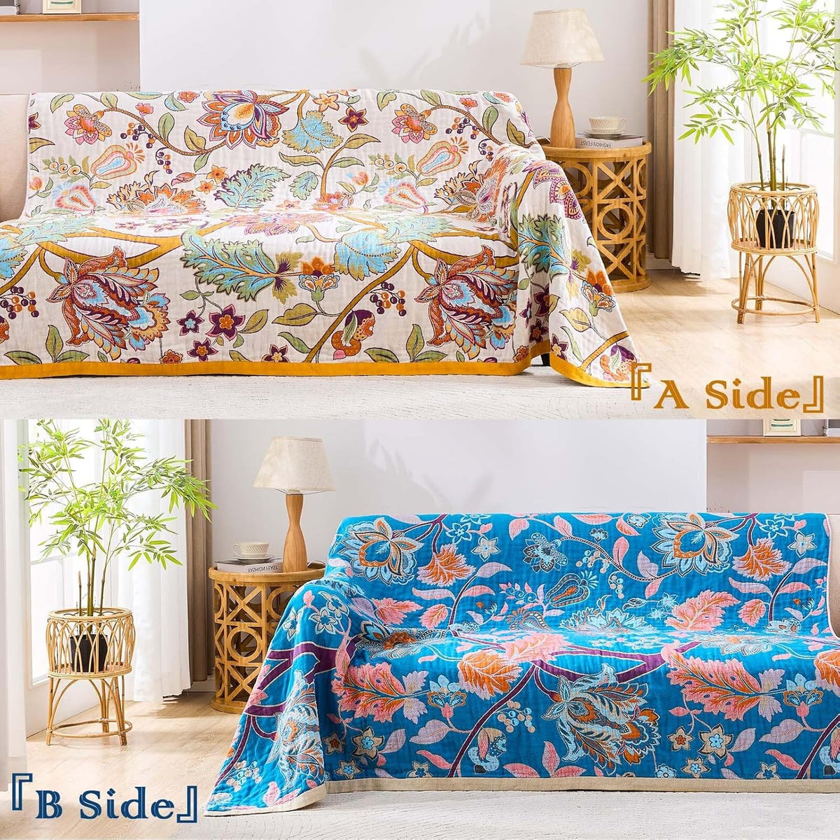 Boho Throw Blanket for Bed, 100% Cotton Soft Rustic Quilt Fall Blanket, 50"x60" Floral Printed