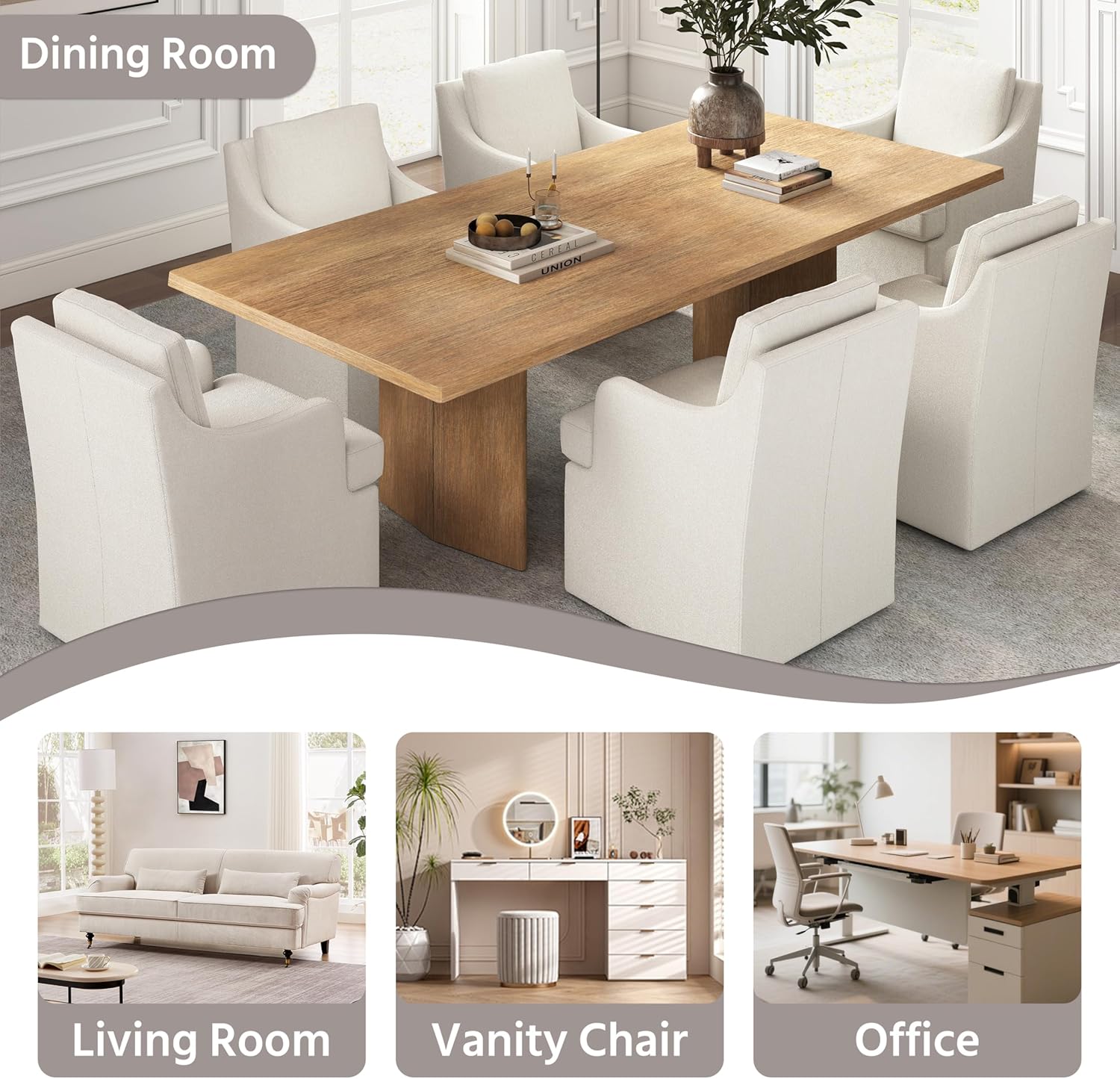 VKNOW Upholstered Dining Chairs Set of 4, Modern Kitchen Chairs Dinner Chairs with 4 Casters, Linen