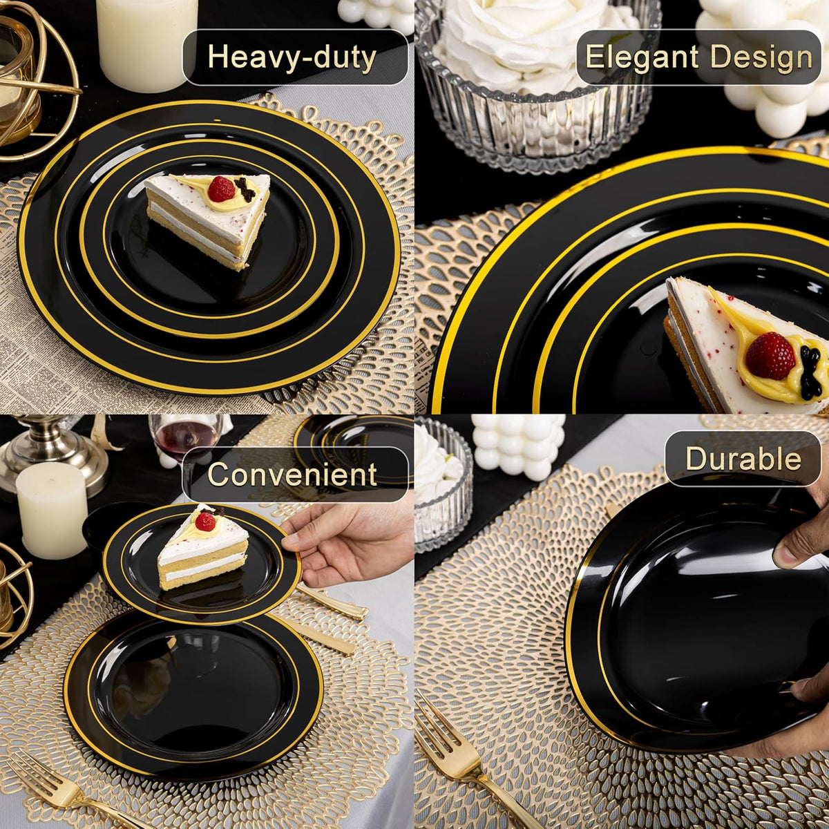 350 Pieces Black and Gold Plastic Plates with Disposable Silverware, Include 50 Dinner Plates 9”