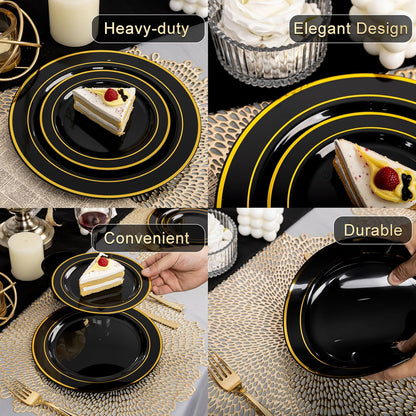 350 Pieces Black and Gold Plastic Plates with Disposable Silverware, Include 50 Dinner Plates 9”