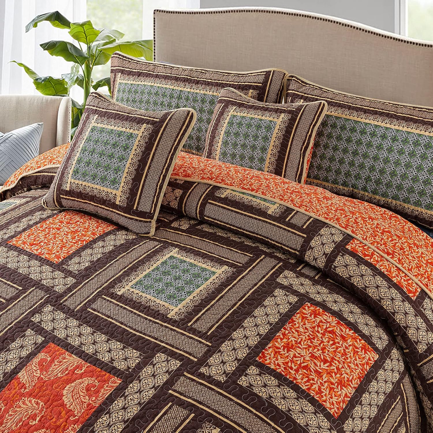 NEWLAKE Cotton Patchwork Bedspread, 3-Piece Bedding Quilt Set with Real Stitched Embroidery