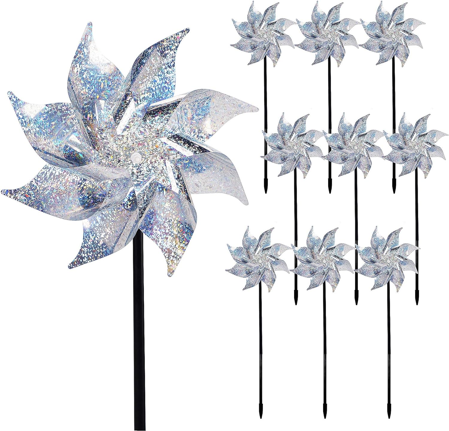 Hausse 10 Pack Reflective Pinwheels with Stakes (Assembly Required), Extra Sparkly Pin Wheel for