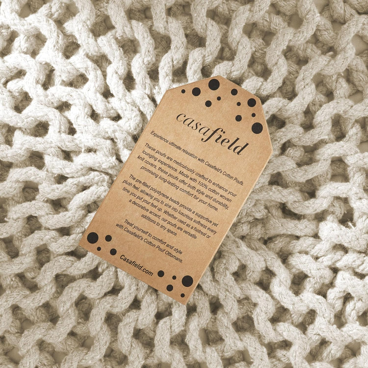 Casafield Round Pouf Ottoman, Natural - 20" Diameter x 14.5" High Cotton Knit Foot Stool - Boho