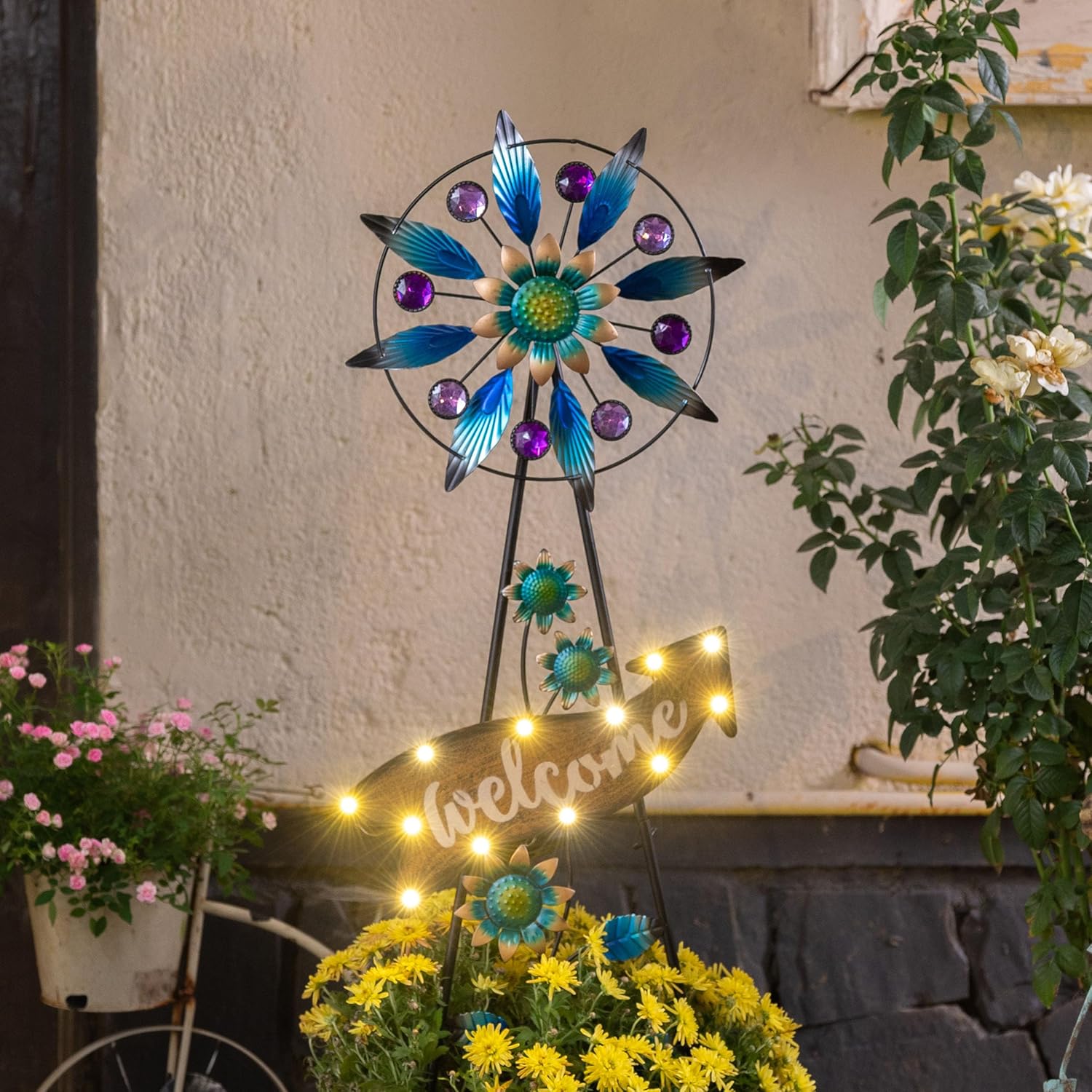 TERESA'S COLLECTIONS Peacock Garden Solar Stake, Wind Spinner Yard Art Sign for Outdoor Decor