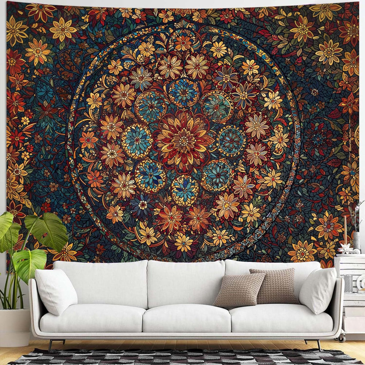 Fowocu Boho Floral Mandala Tapestry Wall Hanging Vintage Bohemian Flower Medallion Tapestry