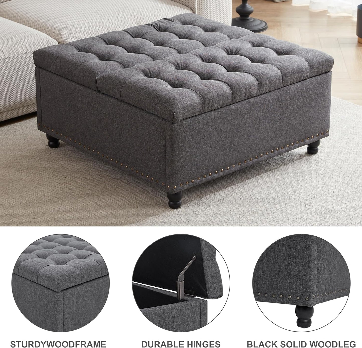 Tbfit Large Square Storage Ottoman Bench, Tufted Upholstered Coffee Table Ottoman with Lift Top &