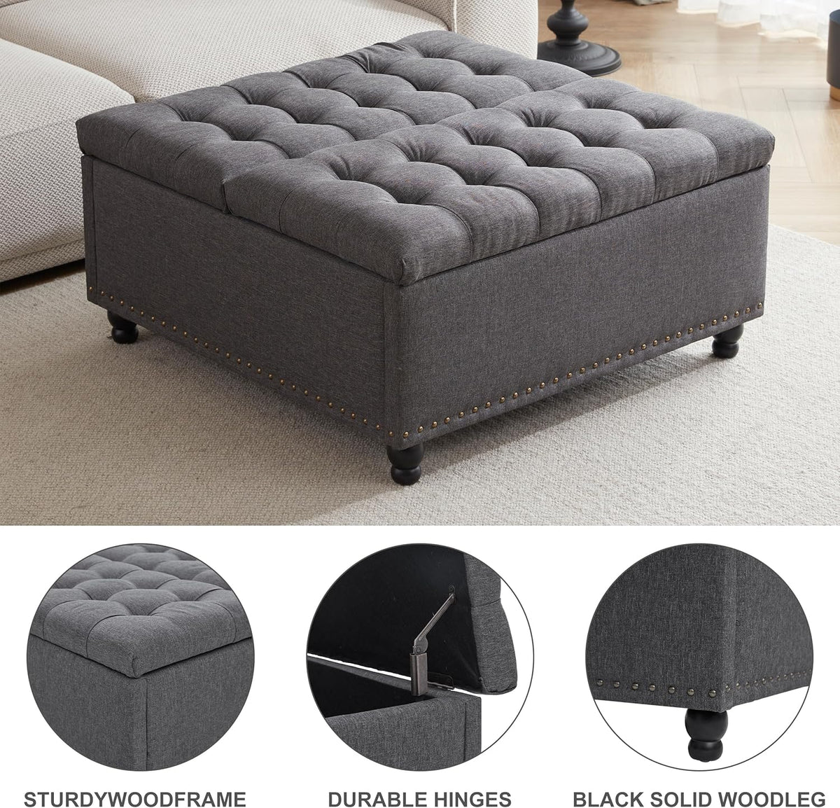 Tbfit Large Square Storage Ottoman Bench, Tufted Upholstered Coffee Table Ottoman with Lift Top &