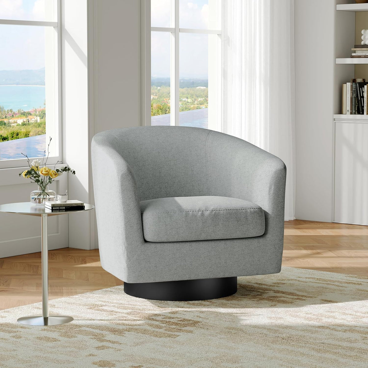 Swivel Barrel Accent Chair, Modern Round Chenille Fabric Arm Chair for Living Room, Bedroom, Comfy