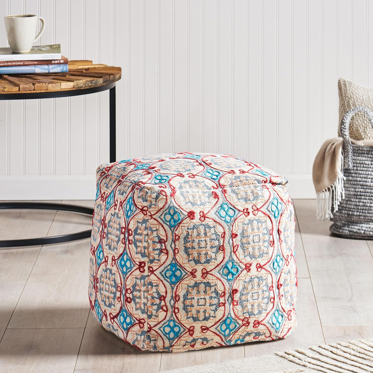 GDFStudio Boho Handmade Fabric Cube Pouf Ottoman Foot Stool - Bean Bag Floor Chair - Foot Rest