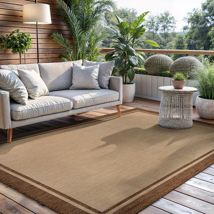 CAMILSON Outdoor Rug 6x9 Bordered Natural Brown Modern Area Rugs for Indoor and Outdoor Patios