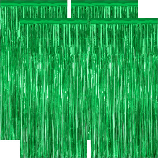 4 Pack Green Streamers, 3.28 FT x 7.05 FT Birthday Tinsel Backdrop, Metallic Green Foil Fringe