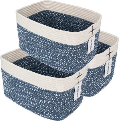 White and Blue Cotton Rope storage Basket Bins Woven Basket for Organizing Shelves 14.5X9.5X9.3“