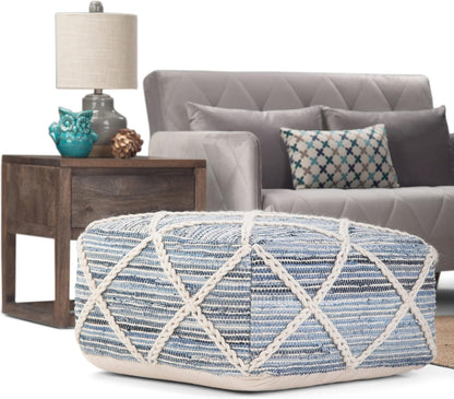 SIMPLIHOME Cowan Boho Square Pouf in Blue, Natural Handloom Woven for the Living Room, Bedroom and