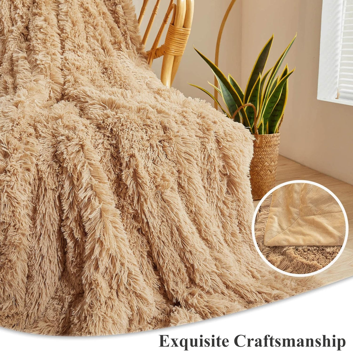 XeGe Plush Faux Fur Throw Blanket, Camel Luxurious 50x60 Shaggy Furry Blanket, Fluffy Microfiber