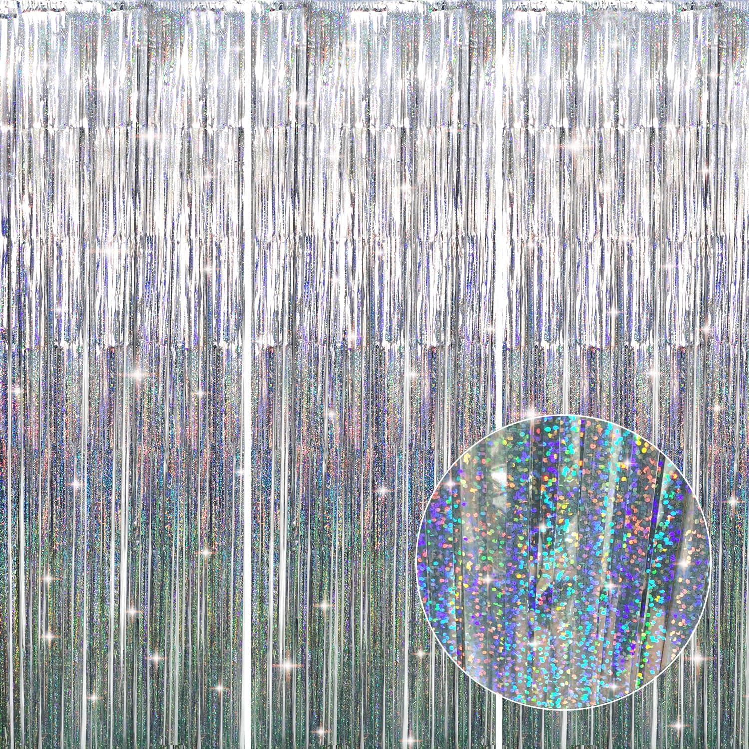 GOER 3.2 ft x 8.2 ft Metallic Tinsel Foil Fringe Curtains Party Photo Backdrop Party Streamers for
