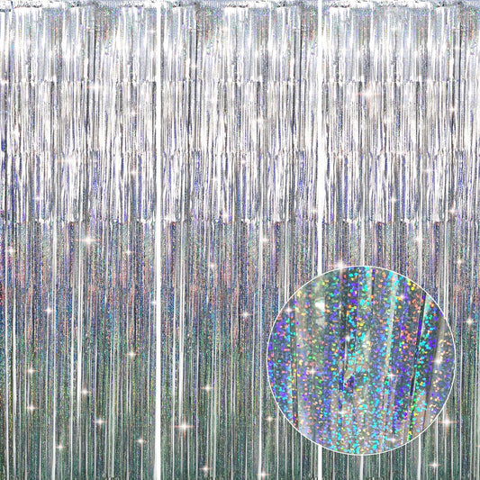 GOER 3.2 ft x 8.2 ft Metallic Tinsel Foil Fringe Curtains Party Photo Backdrop Party Streamers for