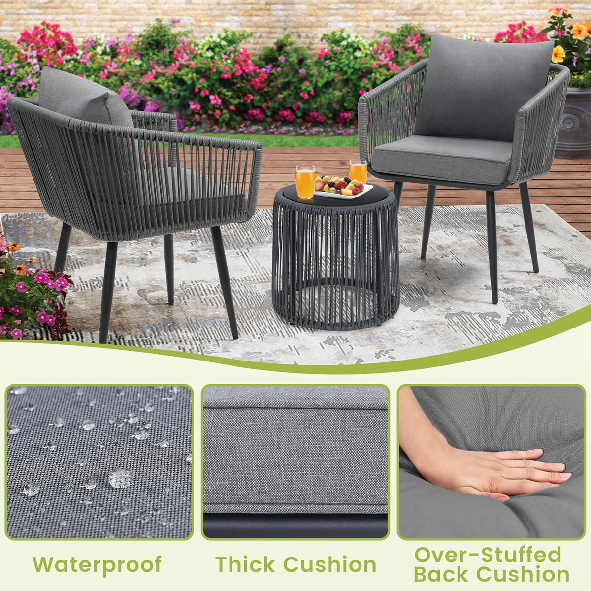 Kromax 3 Pieces Patio Rattan Bistro Conversation Set, Outdoor All-Weather Wicker Furniture Chairs