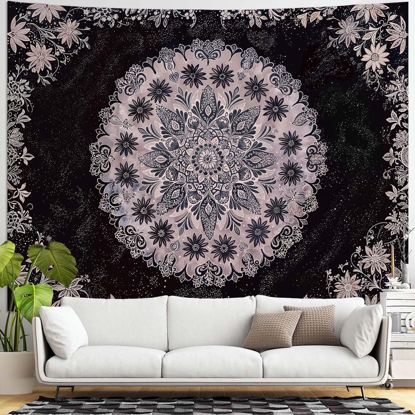 Fowocu Boho Floral Mandala Tapestry Wall Hanging Grey Bohemian Flower Medallion Tapestry Aesthetic