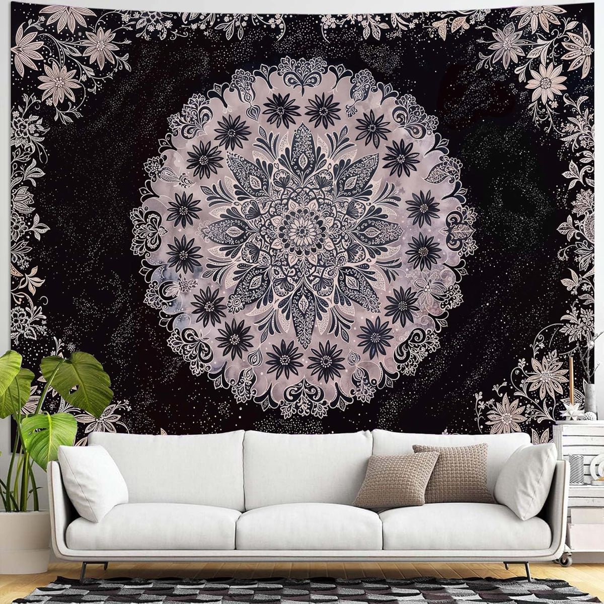 Fowocu Boho Floral Mandala Tapestry Wall Hanging Grey Bohemian Flower Medallion Tapestry Aesthetic