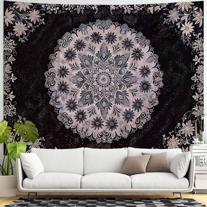 Fowocu Boho Floral Mandala Tapestry Wall Hanging Grey Bohemian Flower Medallion Tapestry Aesthetic