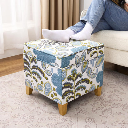 Adeco 18 Inch High Cube Ottoman Storage, Linen Chair Foot Stools, Upholstered Vanity Stool with
