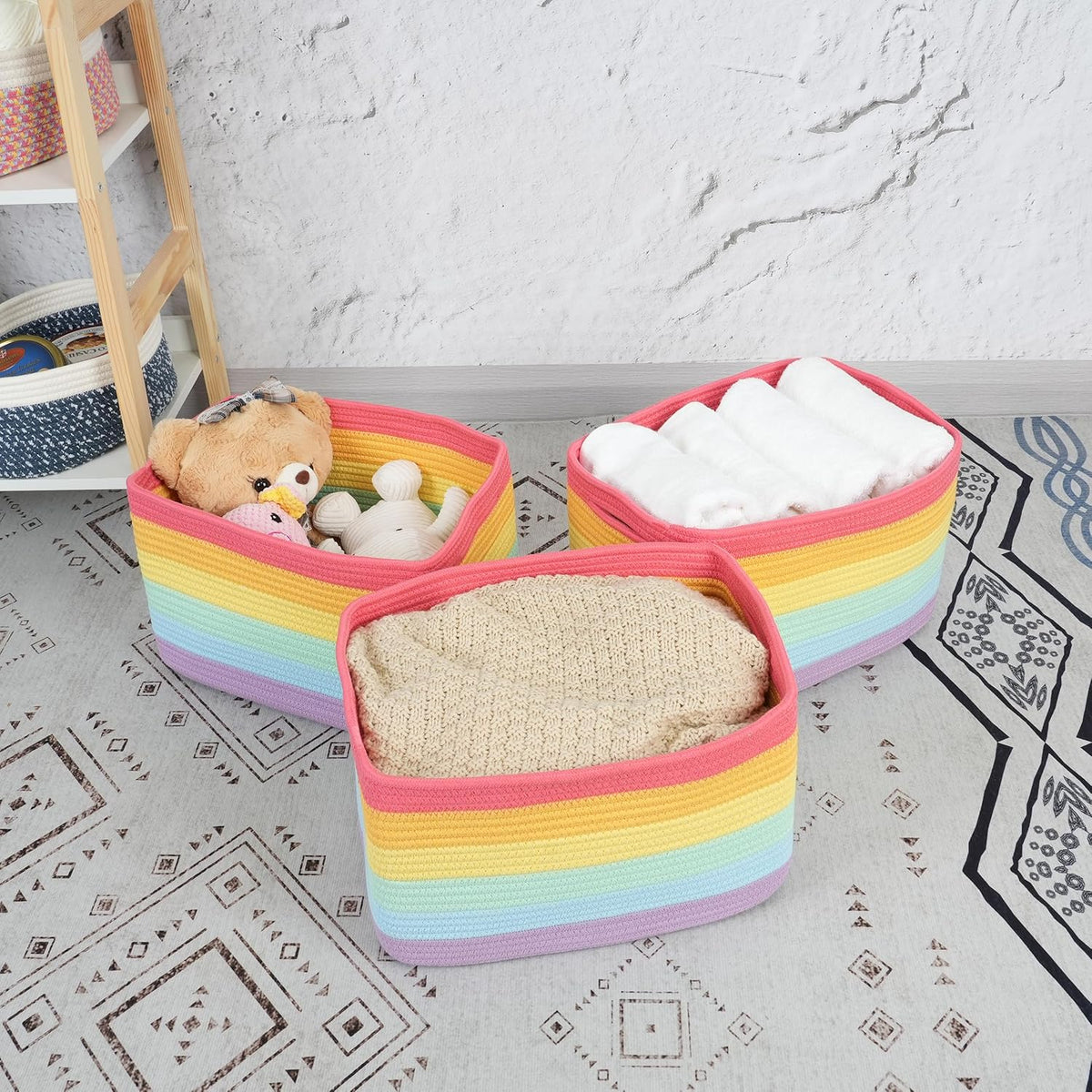 3-Pack Rainbow Storage Baskets 14.5X9.5X9.3“ – Woven Toy Organizer Bins for Kids, Baby Room