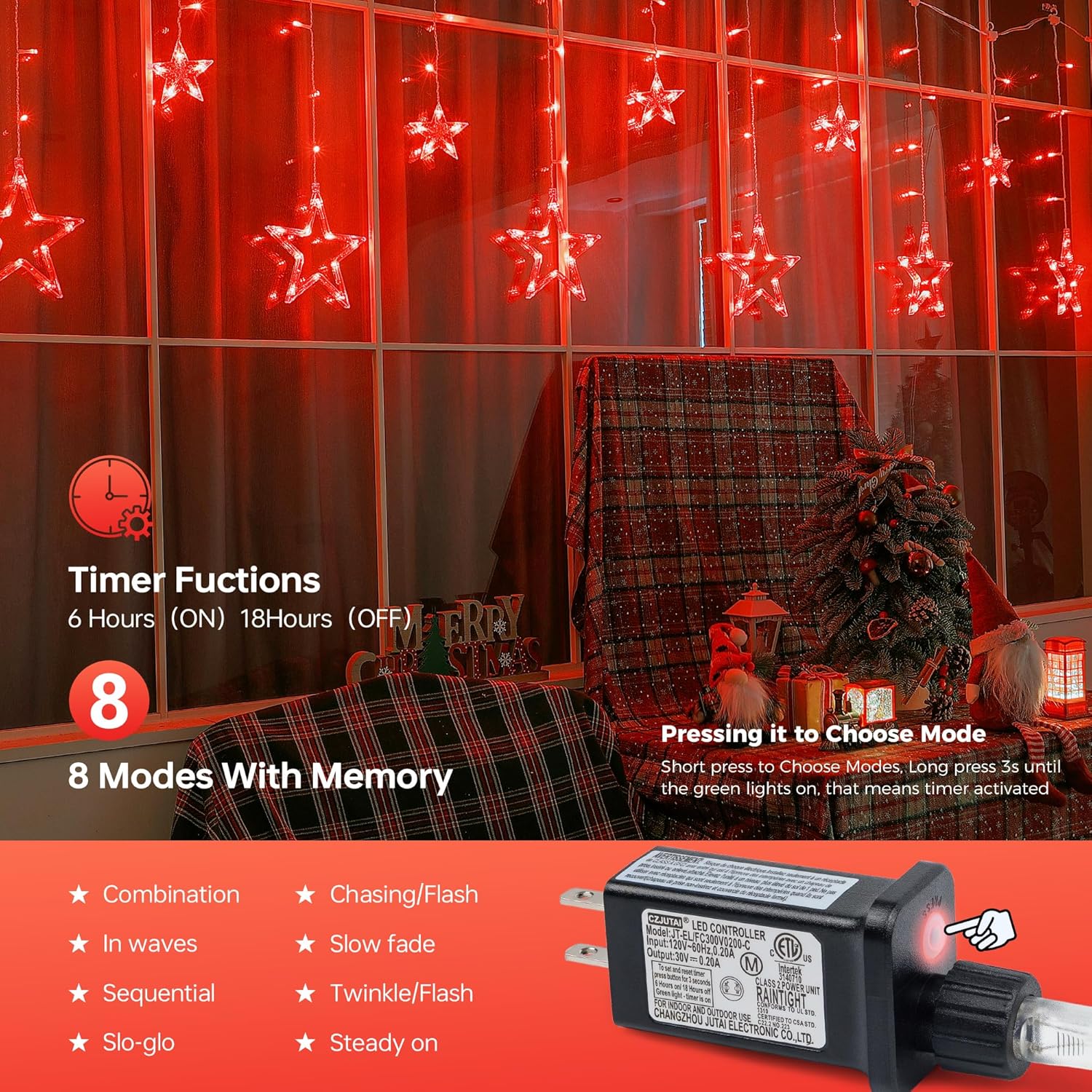Red Christmas Star Icicle Lights,8.2FT 126LED Curtain String 8 Modes Memory Timer,Connectable Plug