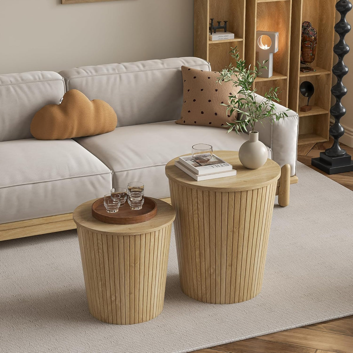 Nest Coffee Table Set of 2 with Round End Table, Farmhouse Design, Removable Wood Top and Wood