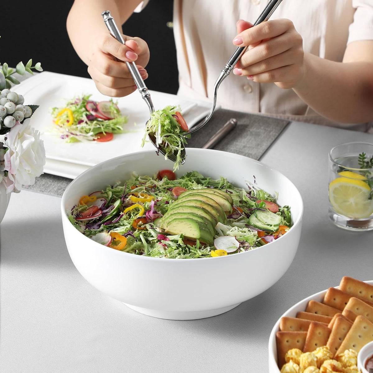 MALACASA Serving Bowls, 114 OZ(10") Extra Large Salad Bowls Set of 2, Porcelain White Serving Bowls