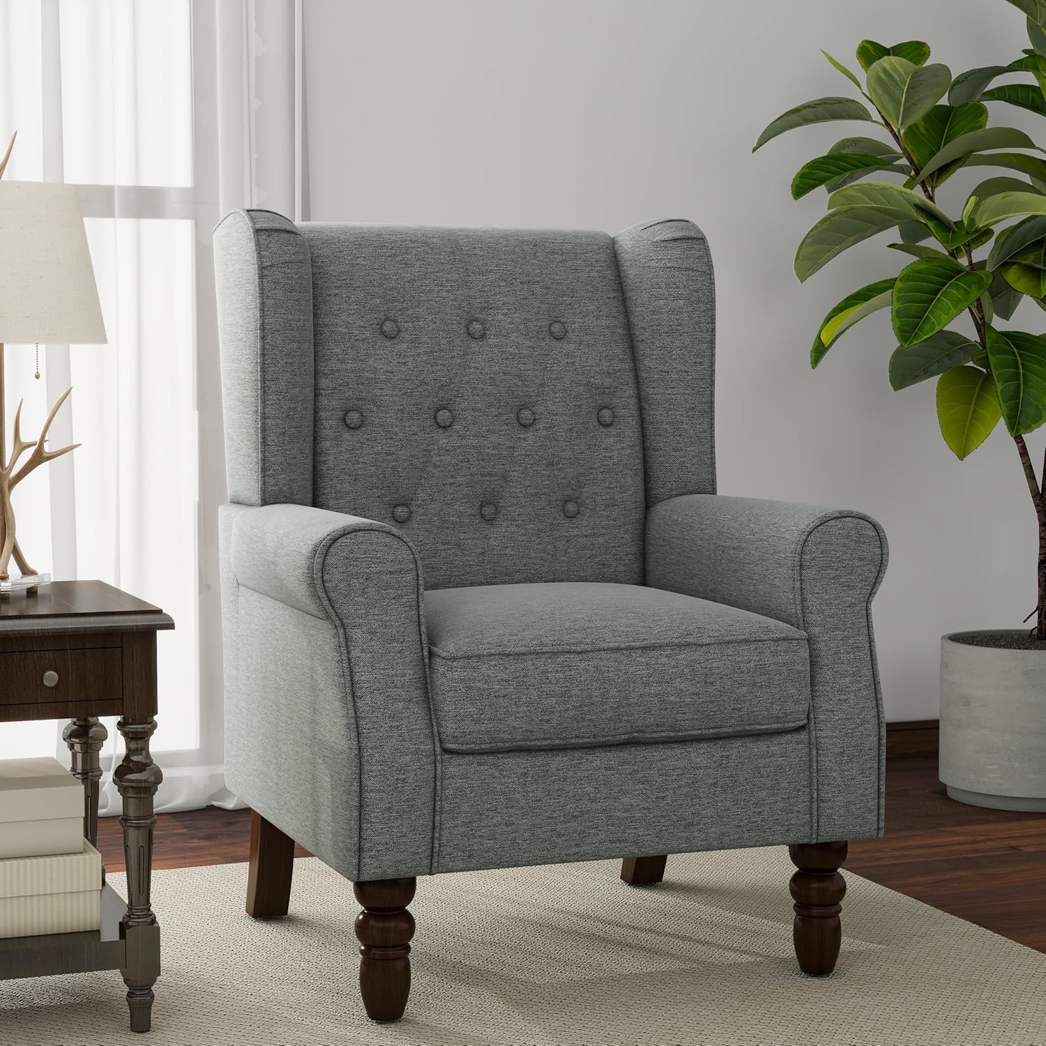 Lumibee High Back Accent Chair,Upholstered Wingback Armchair with Solid Wood Legs for Small